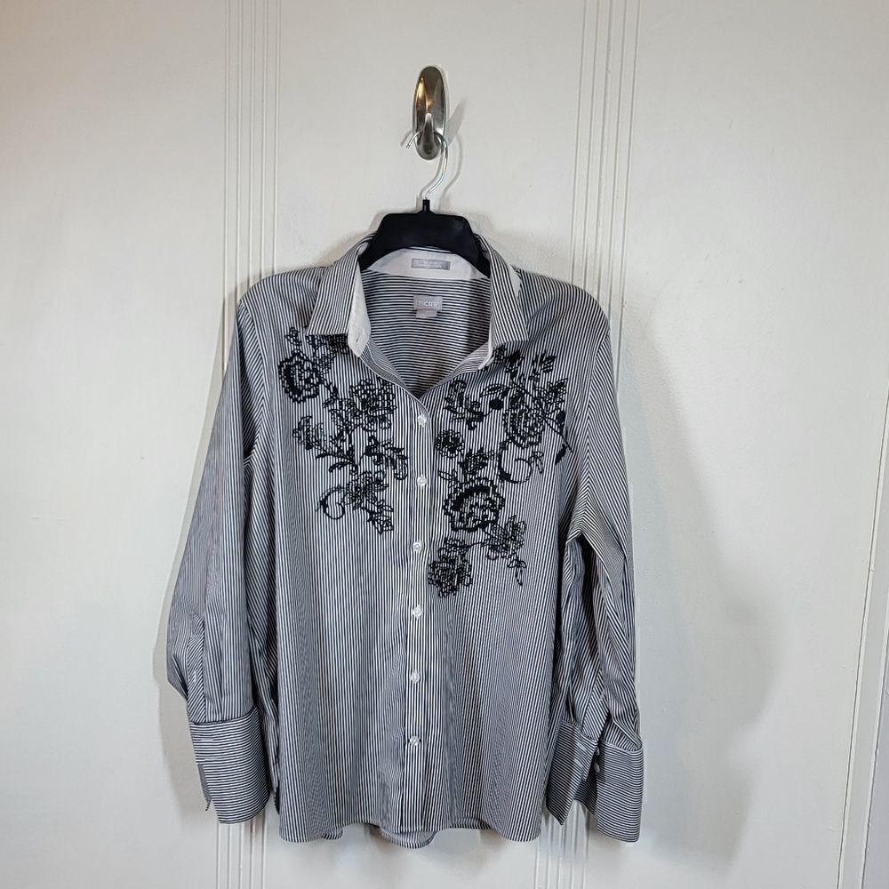 Plus Size Chico's Black & White Blouse With Embroidered Flowers